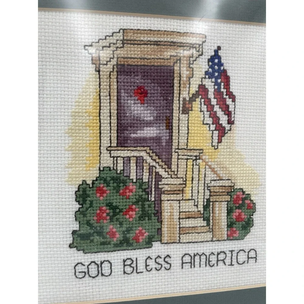 Vtg. Framed Patriotic Cross Stitch 12.75